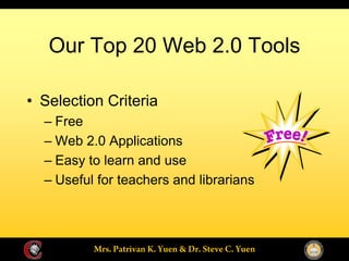 Our Top 20 Web 2.0 Tools

Selection Criteria
  Free
  Web 2.0 Applications
  Easy to learn and use
  Useful for teachers and librarians
 