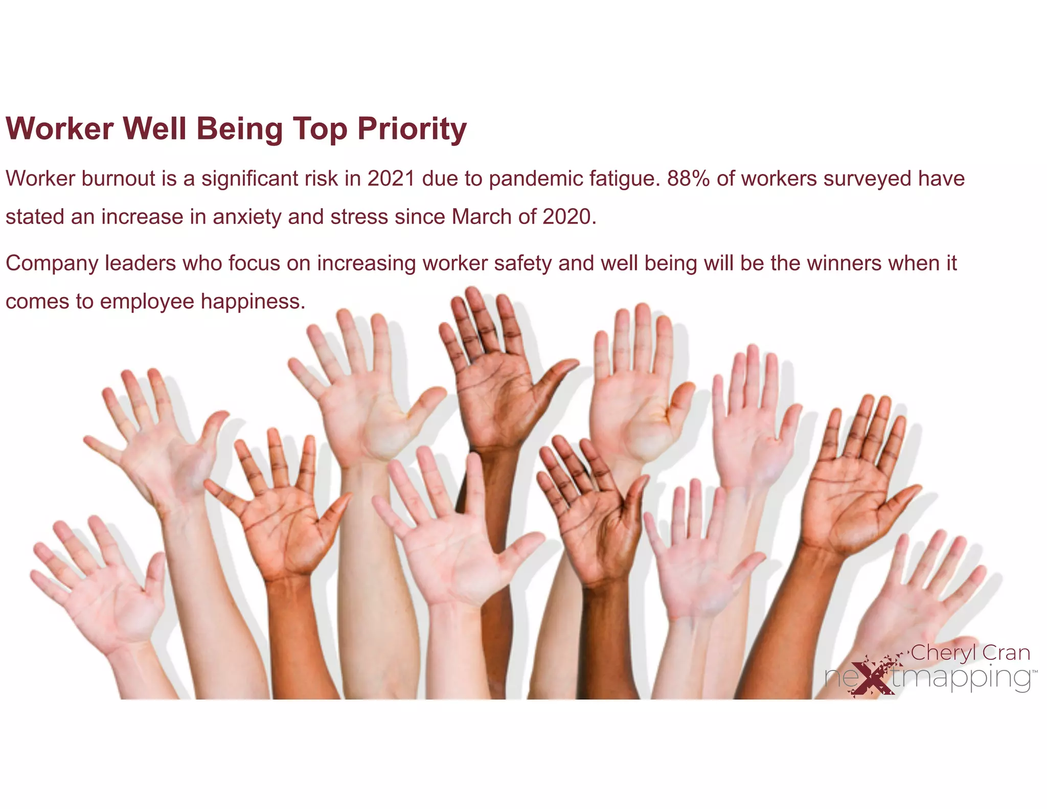 Worker Well Being Top Priority
Worker burnout is a significant risk in 2021 due to pandemic fatigue. 88% of workers surveyed have
stated an increase in anxiety and stress since March of 2020.
Company leaders who focus on increasing worker safety and well being will be the winners when it
comes to employee happiness.
 