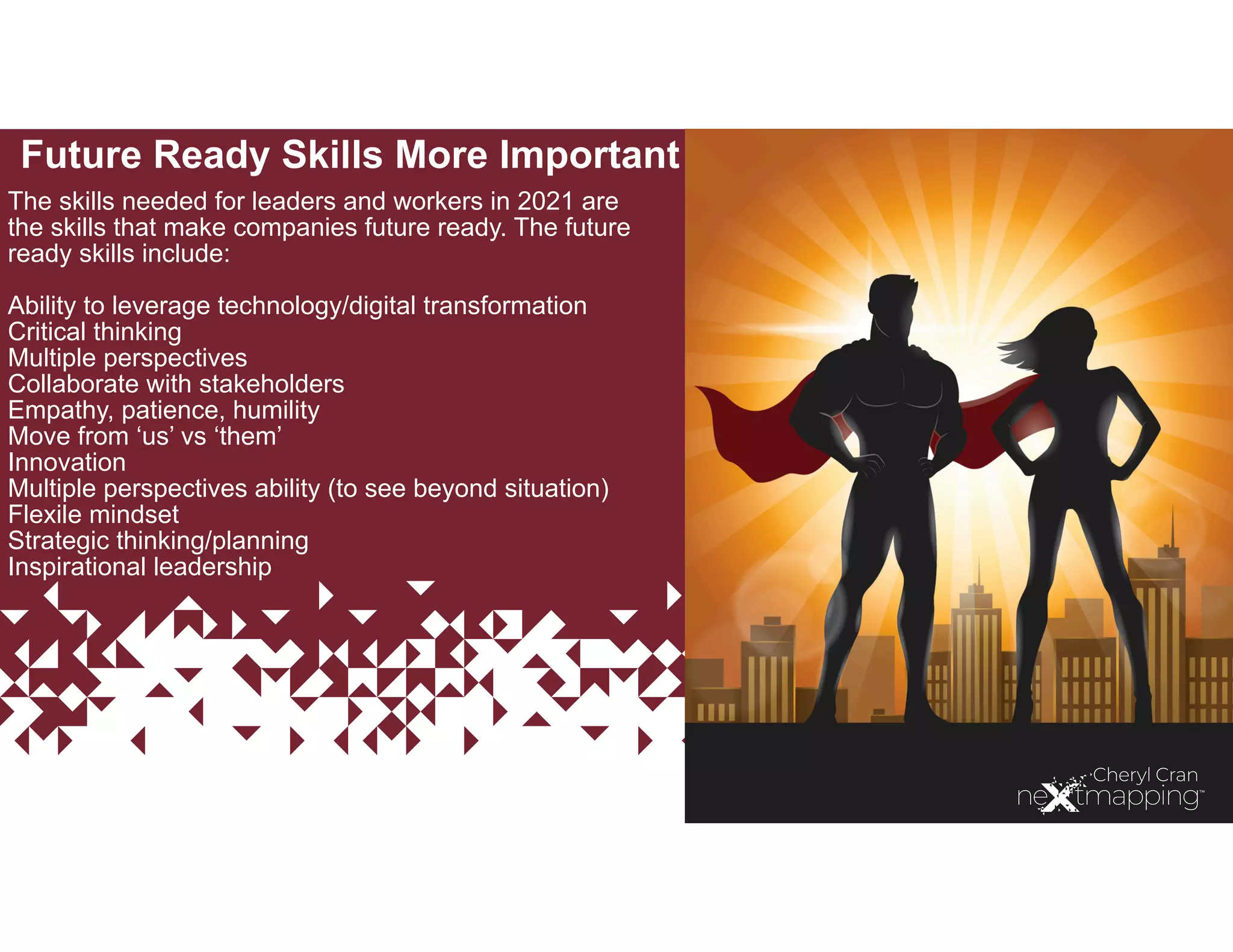 Future Ready Skills More Important
The skills needed for leaders and workers in 2021 are
the skills that make companies future ready. The future
ready skills include:


Ability to leverage technology/digital transformation
Critical thinking


Multiple perspectives


Collaborate with stakeholders


Empathy, patience, humility


Move from ‘us’ vs ‘them’


Innovation


Multiple perspectives ability (to see beyond situation)
Flexile mindset


Strategic thinking/planning


Inspirational leadership


 