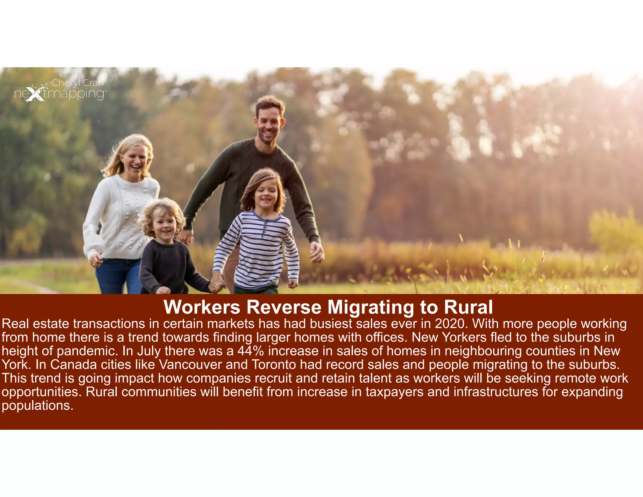 Workers Reverse Migrating to Rural
Real estate transactions in certain markets has had busiest sales ever in 2020. With more people working
from home there is a trend towards finding larger homes with offices. New Yorkers fled to the suburbs in
height of pandemic. In July there was a 44% increase in sales of homes in neighbouring counties in New
York. In Canada cities like Vancouver and Toronto had record sales and people migrating to the suburbs.
This trend is going impact how companies recruit and retain talent as workers will be seeking remote work
opportunities. Rural communities will benefit from increase in taxpayers and infrastructures for expanding
populations.


 