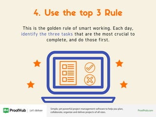 This is the golden rule of smart working. Each day,
identify the three tasks that are the most crucial to
complete, and do...