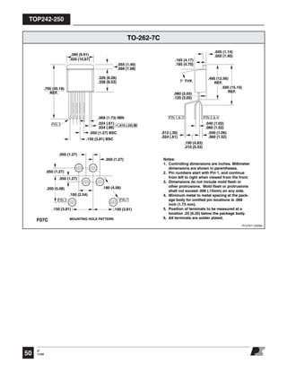 TOP242-250
O
11/0550
PI-2757-122004
Notes:
1. Controlling dimensions are inches. Millimeter
dimensions are shown in parentheses.
2. Pin numbers start with Pin 1, and continue
from left to right when viewed from the front.
3. Dimensions do not include mold flash or
other protrusions. Mold flash or protrusions
shall not exceed .006 (.15mm) on any side.
4. Minimum metal to metal spacing at the pack-
age body for omitted pin locations is .068
inch (1.73 mm).
5. Position of terminals to be measured at a
location .25 (6.35) below the package body.
6. All terminals are solder plated.
F07C
PIN 1 PIN 7
MOUNTING HOLE PATTERN
.050 (1.27)
.150 (3.81)
.050 (1.27)
.150 (3.81)
.050 (1.27)
.050 (1.27)
.100 (2.54)
.180 (4.58).200 (5.08)
PIN 1 .010 (.25) M
.326 (8.28)
.336 (8.53)
.390 (9.91)
.420 (10.67)
.795 (20.18)
REF.
.024 (.61)
.034 (.86)
.050 (1.27) BSC
.150 (3.81) BSC
.055 (1.40)
.066 (1.68)
PIN 1 & 7
7° TYP.
PIN 2 & 4
.040 (1.06)
.060 (1.52)
.190 (4.83)
.210 (5.33)
.012 (.30)
.024 (.61)
.080 (2.03)
.120 (3.05)
.165 (4.17)
.185 (4.70)
.040 (1.02)
.060 (1.52)
.045 (1.14)
.055 (1.40)
.595 (15.10)
REF.
.495 (12.56)
REF.
TO-262-7C
.068 (1.73) MIN
 