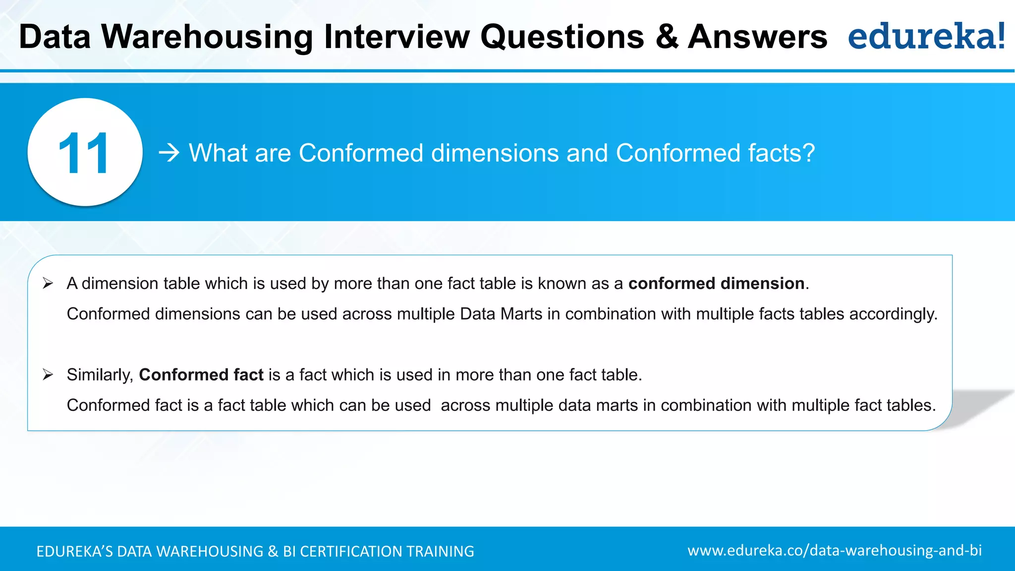 www.edureka.co/data-warehousing-and-biEDUREKA’S DATA WAREHOUSING & BI CERTIFICATION TRAINING
 What are Conformed dimensions and Conformed facts?11
➢ A dimension table which is used by more than one fact table is known as a conformed dimension.
Conformed dimensions can be used across multiple Data Marts in combination with multiple facts tables accordingly.
➢ Similarly, Conformed fact is a fact which is used in more than one fact table.
Conformed fact is a fact table which can be used across multiple data marts in combination with multiple fact tables.
Data Warehousing Interview Questions & Answers
 
