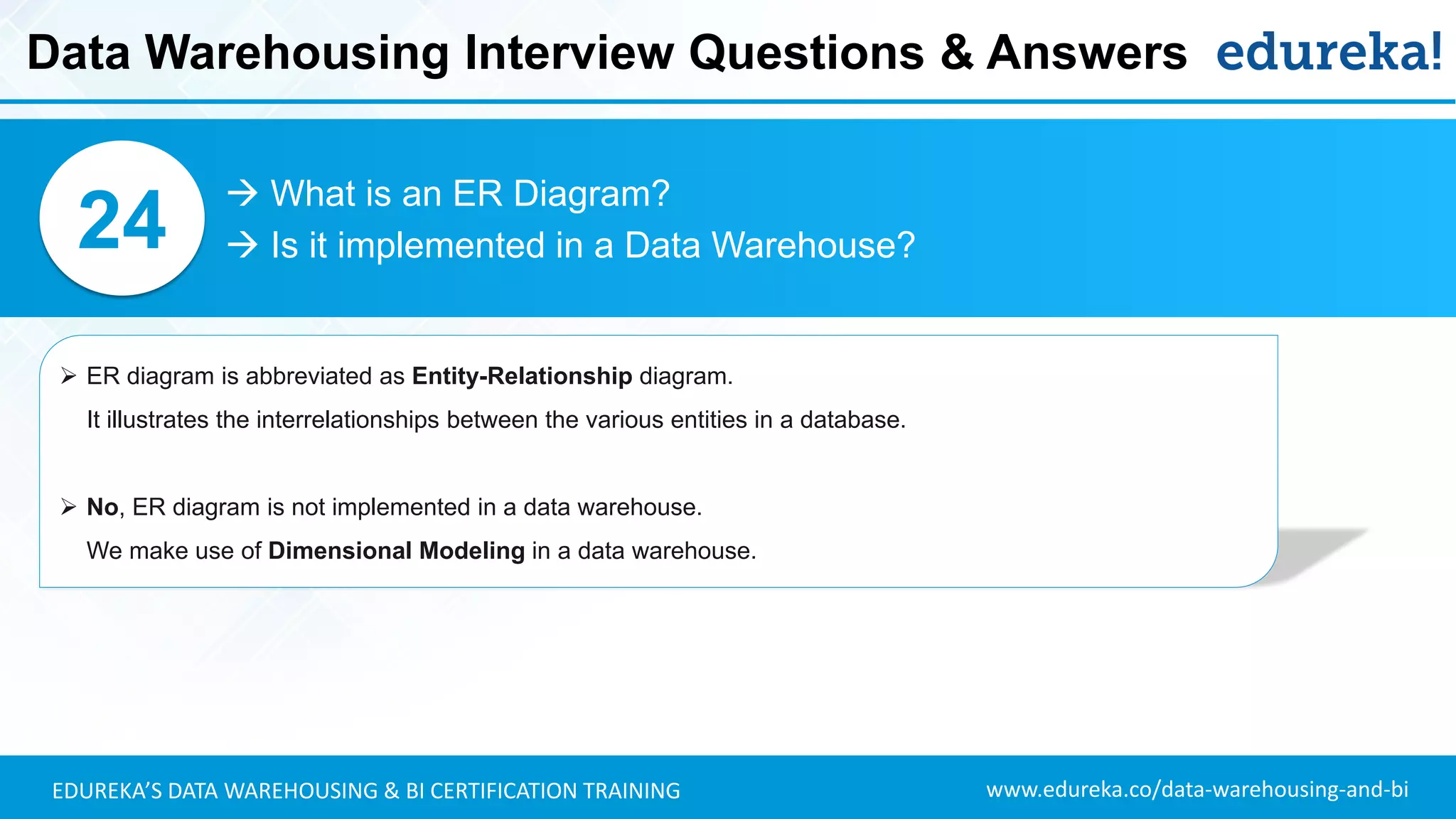 www.edureka.co/data-warehousing-and-biEDUREKA’S DATA WAREHOUSING & BI CERTIFICATION TRAINING
 What is an ER Diagram?
 Is it implemented in a Data Warehouse?24
➢ ER diagram is abbreviated as Entity-Relationship diagram.
It illustrates the interrelationships between the various entities in a database.
➢ No, ER diagram is not implemented in a data warehouse.
We make use of Dimensional Modeling in a data warehouse.
Data Warehousing Interview Questions & Answers
 