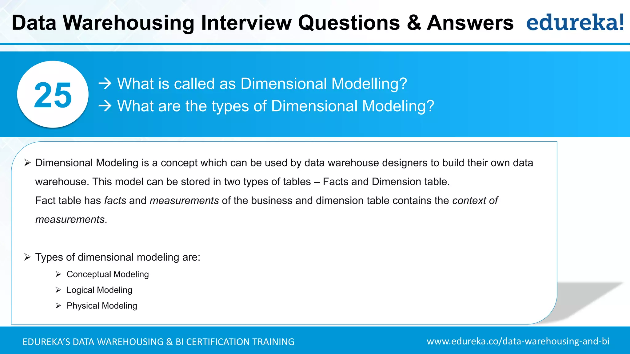 www.edureka.co/data-warehousing-and-biEDUREKA’S DATA WAREHOUSING & BI CERTIFICATION TRAINING
 What is called as Dimensional Modelling?
 What are the types of Dimensional Modeling?25
➢ Dimensional Modeling is a concept which can be used by data warehouse designers to build their own data
warehouse. This model can be stored in two types of tables – Facts and Dimension table.
Fact table has facts and measurements of the business and dimension table contains the context of
measurements.
➢ Types of dimensional modeling are:
➢ Conceptual Modeling
➢ Logical Modeling
➢ Physical Modeling
Data Warehousing Interview Questions & Answers
 