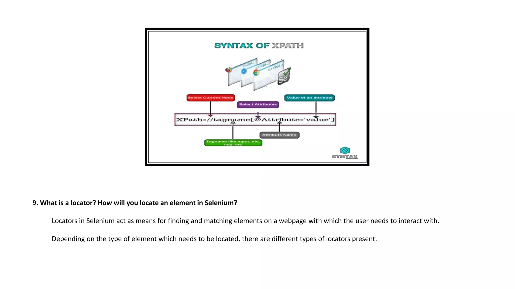 9. What is a locator? How will you locate an element in Selenium?
Locators in Selenium act as means for finding and matching elements on a webpage with which the user needs to interact with.
Depending on the type of element which needs to be located, there are different types of locators present.
 