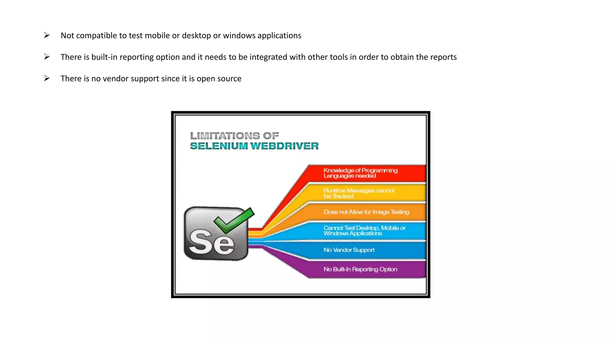  Not compatible to test mobile or desktop or windows applications
 There is built-in reporting option and it needs to be integrated with other tools in order to obtain the reports
 There is no vendor support since it is open source
 