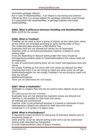 www.JavaEra.com
www.JavaEra.com Page 53
dominates garbage collector.
But in case of WeakHashMap , if an Object is not having any external
references then it is always eligible for garabage collectoion even though
it is associated with weakHashMap. ie garbage collector dominates
WeakHashMap
Q365. What is difference between HashMap and WeakHashMap?
Refer Q379 for the answer.
Q366. What is TreeMap?
TreeMap can be used to store a group of objects as key-value pairs where
all the entries are arranged according to some sorting order of keys.
The underlying data structure is RED-BLACK Tree
Duplicates keys are not allowed but values can be duplicated.
Insertion order is not preserved because insertion is based on some
sorting order
If we are depending on Natural sorting order then keys should be
homogeneous(violation leads to ClassCastException) but values need not
homogeneous
In case of customized sorting order we can insert heterogeneous keys and
values
For empty TreeMap as first entry with null values are allowed but after
inserting that entry if we are trying to insert any other entry we will get
NullPointerException For non empty TreeMap if we are trying to insert null
keys we will get
NullPointerException
There are no restrictions for null values.
Q367. What is Hashtable?
Hashtable is a legacy Map and can be used to store objects as key value
pairs.
The underlying data sturucture is Hashtabe
Duplicates keys are not allowed but duplicate values are allowed null
insertion is not possible for both keys and values
all methods are synchronized
insertion order is not preserved because it is based on hashcode of keys
heterogeneous Objects are allowed for both keys and values
introduced in 1.0 version it is legacy class
Q368. What is PriorityQueue?
It represents a data structure to hold group of individual objects prior to
processing based on
some priority .it can be natural sorting order and it can be customized
sorting order described by Comparator.
It is the implementation class of Queue interface.
 
