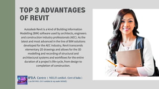 TOP 3 ADVANTAGES
OF REVIT
Autodesk Revit is a kind of Building Information
Modelling (BIM) software used by architects, engineers
and construction industry professionals (AEC). As the
latest and most advanced in the line of BIM solutions
developed for the AEC industry, Revit transcends
elementary 2D drawings and allows for the 3D
modelling and recording of structural and
architectural systems and workflows for the entire
duration of a project’s life-cycle, from design to
completion of construction.


 