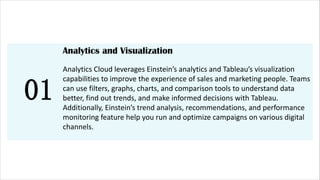 01
Analytics and Visualization
Analytics Cloud leverages Einstein’s analytics and Tableau’s visualization
capabilities to improve the experience of sales and marketing people. Teams
can use filters, graphs, charts, and comparison tools to understand data
better, find out trends, and make informed decisions with Tableau.
Additionally, Einstein’s trend analysis, recommendations, and performance
monitoring feature help you run and optimize campaigns on various digital
channels.
 