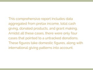 This comprehensive report includes data
aggregated from pretax income, total cash
giving, donated products, and grant maki...
