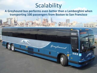 Scalability
A Greyhound bus performs even better than a Lamborghini when
transporting 100 passengers from Boston to San Francisco
 
