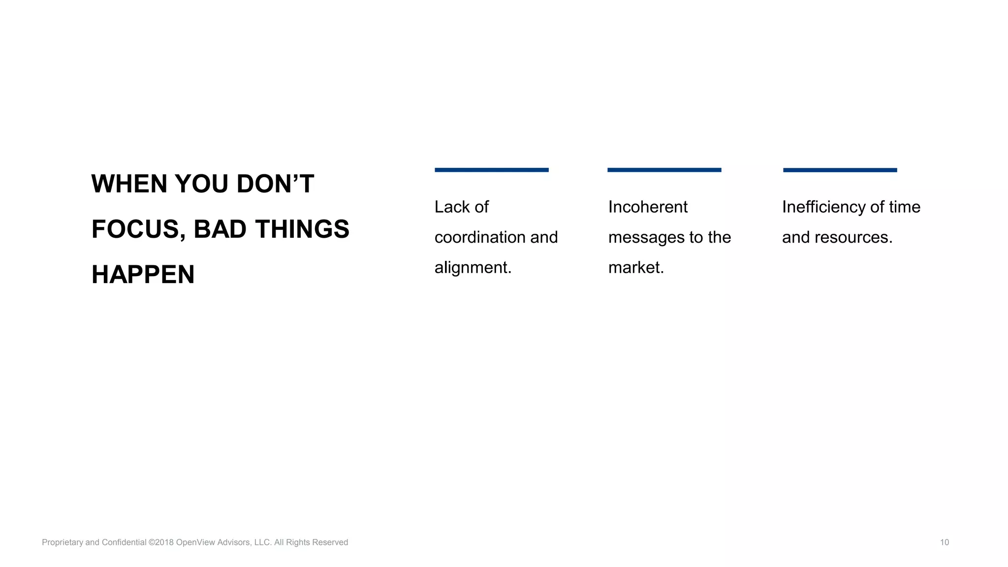 Proprietary and Confidential ©2018 OpenView Advisors, LLC. All Rights Reserved 10
WHEN YOU DON’T
FOCUS, BAD THINGS
HAPPEN
Lack of
coordination and
alignment.
Incoherent
messages to the
market.
Inefficiency of time
and resources.
 