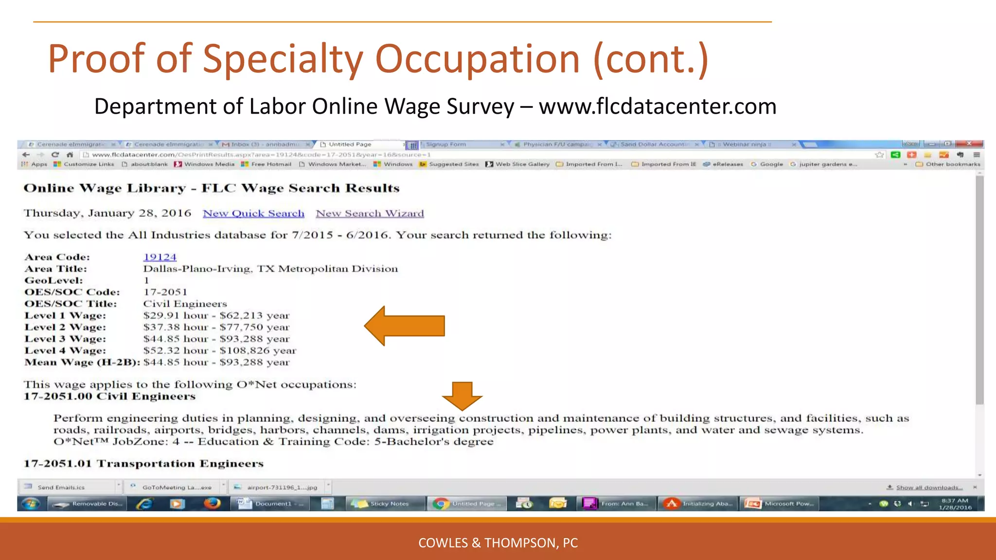 Proof of Specialty Occupation (cont.)
COWLES & THOMPSON, PC
Department of Labor Online Wage Survey – www.flcdatacenter.com
 