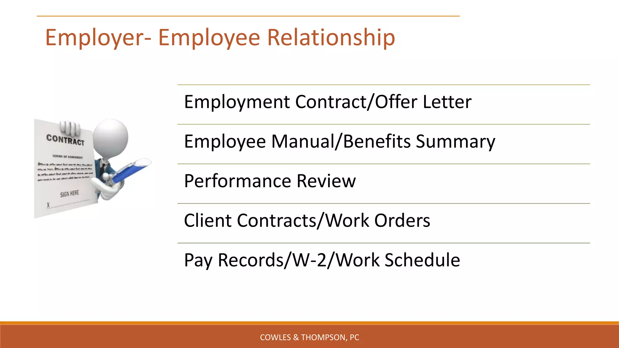 Employer- Employee Relationship
Employment Contract/Offer Letter
Employee Manual/Benefits Summary
Performance Review
Client Contracts/Work Orders
Pay Records/W-2/Work Schedule
COWLES & THOMPSON, PC
 