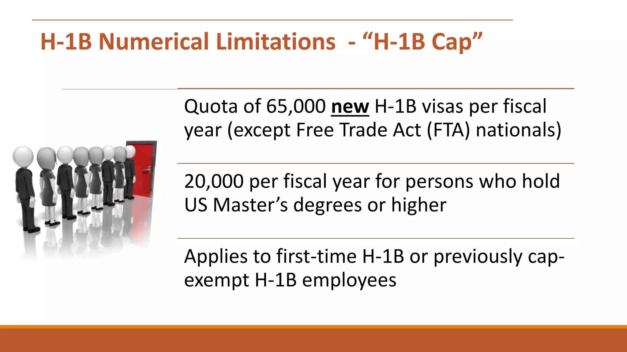 H-1B Numerical Limitations - “H-1B Cap”
Quota of 65,000 new H-1B visas per fiscal
year (except Free Trade Act (FTA) nationals)
20,000 per fiscal year for persons who hold
US Master’s degrees or higher
Applies to first-time H-1B or previously cap-
exempt H-1B employees
 