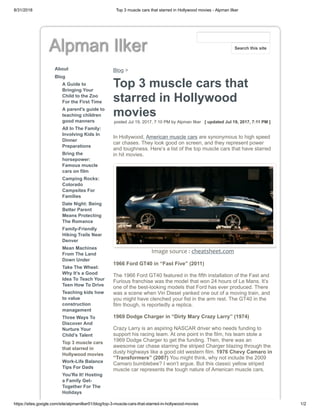 8/31/2018 Top 3 muscle cars that starred in Hollywood movies - Alpman Ilker
https://sites.google.com/site/alpmanilker01/blog/top-3-muscle-cars-that-starred-in-hollywood-movies 1/2
Alpman Ilker
About
Blog
A Guide to
Bringing Your
Child to the Zoo
For the First Time
A parent's guide to
teaching children
good manners
All In The Family:
Involving Kids In
Dinner
Preparations
Bring the
horsepower:
Famous muscle
cars on film
Camping Rocks:
Colorado
Campsites For
Families
Date Night: Being
Better Parent
Means Protecting
The Romance
Family-Friendly
Hiking Trails Near
Denver
Mean Machines
From The Land
Down Under
Take The Wheel:
Why It’s a Good
Idea To Teach Your
Teen How To Drive
Teaching kids how
to value
construction
management
Three Ways To
Discover And
Nurture Your
Child’s Talent
Top 3 muscle cars
that starred in
Hollywood movies
Work-Life Balance
Tips For Dads
You'Re It! Hosting
a Family Get-
Together For The
Holidays
Blog >
Top 3 muscle cars that
starred in Hollywood
movies
posted Jul 19, 2017, 7:10 PM by Alpman Ilker [ updated Jul 19, 2017, 7:11 PM ]
In Hollywood, American muscle cars are synonymous to high speed
car chases. They look good on screen, and they represent power
and toughness. Here’s a list of the top muscle cars that have starred
in hit movies.
Image source : cheatsheet.com
1966 Ford GT40 in “Fast Five” (2011)
The 1966 Ford GT40 featured in the fifth installation of the Fast and
Furious franchise was the model that won 24 hours of Le Mans. It’s
one of the best-looking models that Ford has ever produced. There
was a scene when Vin Diesel yanked one out of a moving train, and
you might have clenched your fist in the arm rest. The GT40 in the
film though, is reportedly a replica.
1969 Dodge Charger in “Dirty Mary Crazy Larry” (1974)
Crazy Larry is an aspiring NASCAR driver who needs funding to
support his racing team. At one point in the film, his team stole a
1969 Dodge Charger to get the funding. Then, there was an
awesome car chase starring the striped Charger blazing through the
dusty highways like a good old western film. 1976 Chevy Camaro in
“Transformers” (2007) You might think, why not include the 2009
Camaro bumblebee? I won’t argue. But this classic yellow striped
muscle car represents the tough nature of American muscle cars.
Search this site
 