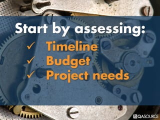 Start by assessing:
ü Timeline
ü Budget
ü Project needs
 