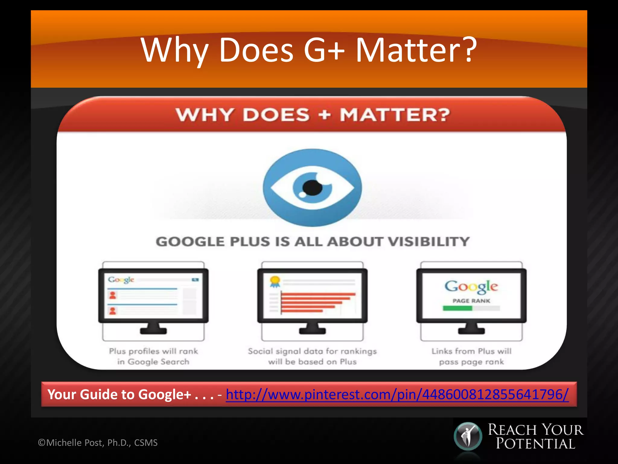 Why Does G+ Matter?
©Michelle Post, Ph.D., CSMS
Your Guide to Google+ . . . - http://www.pinterest.com/pin/448600812855641796/
 