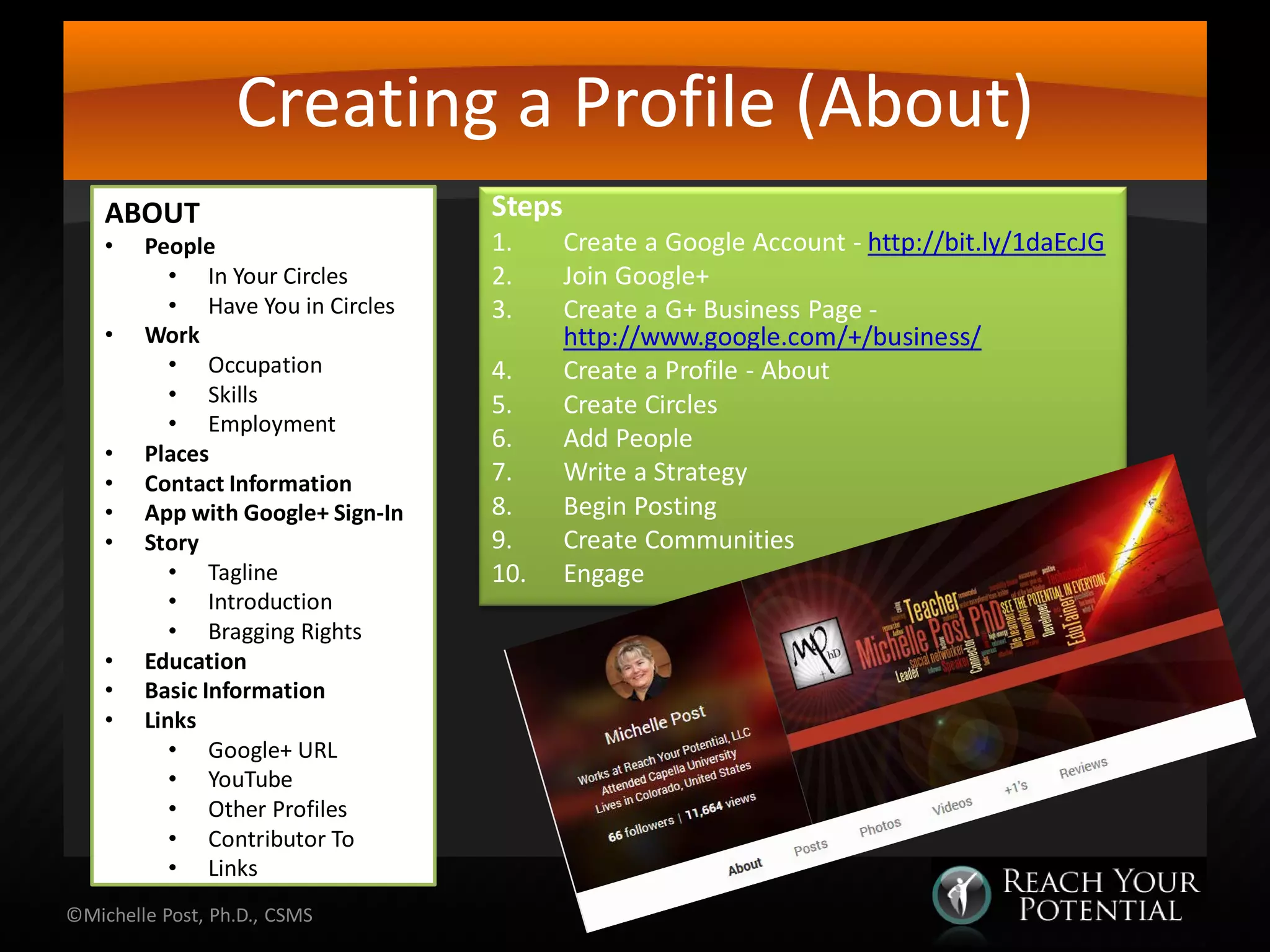 Creating a Profile (About)
Steps
1. Create a Google Account - http://bit.ly/1daEcJG
2. Join Google+
3. Create a G+ Business Page -
http://www.google.com/+/business/
4. Create a Profile - About
5. Create Circles
6. Add People
7. Write a Strategy
8. Begin Posting
9. Create Communities
10. Engage
©Michelle Post, Ph.D., CSMS
ABOUT
• People
• In Your Circles
• Have You in Circles
• Work
• Occupation
• Skills
• Employment
• Places
• Contact Information
• App with Google+ Sign-In
• Story
• Tagline
• Introduction
• Bragging Rights
• Education
• Basic Information
• Links
• Google+ URL
• YouTube
• Other Profiles
• Contributor To
• Links
 