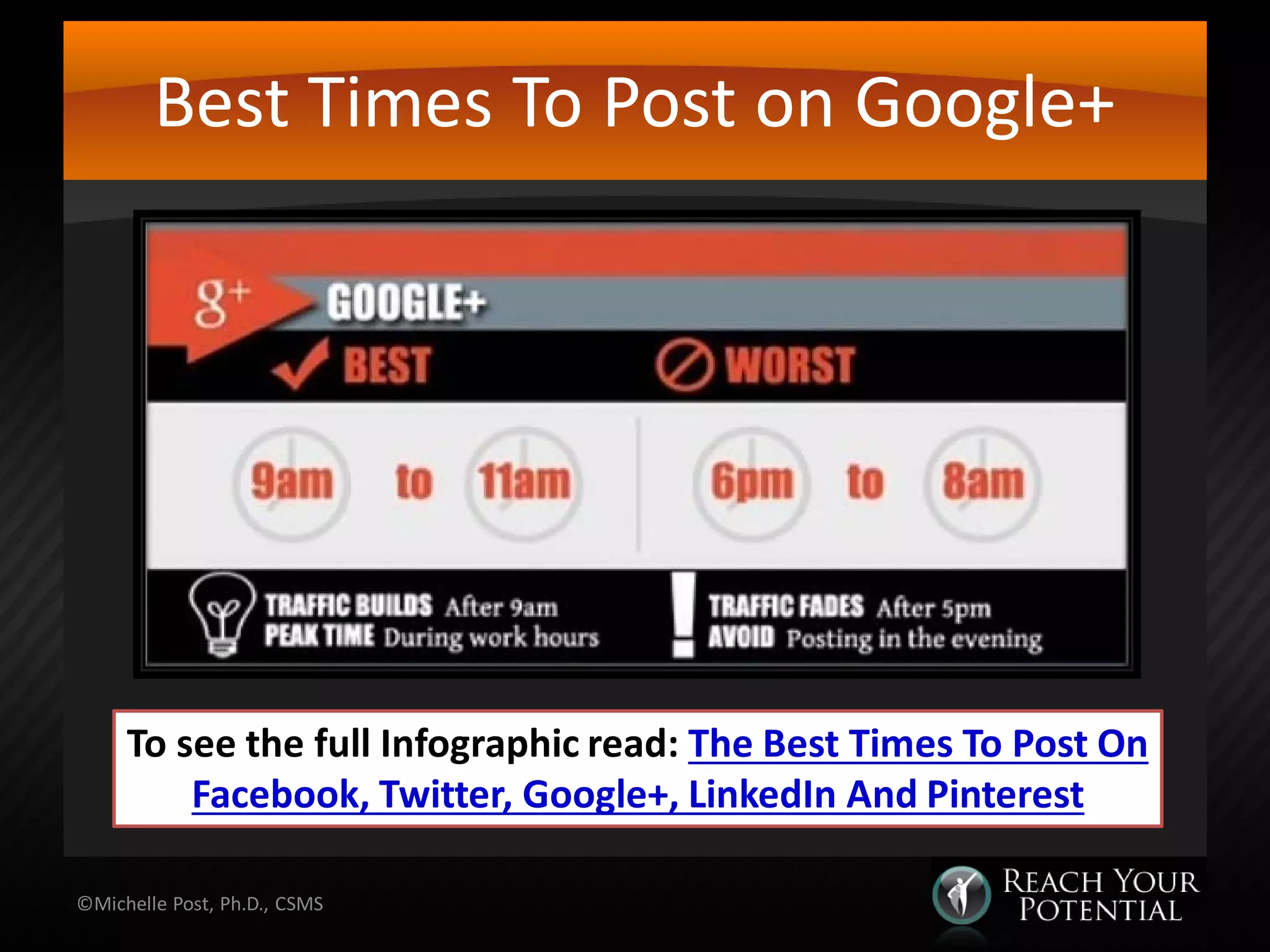 Best Times To Post on Google+
©Michelle Post, Ph.D., CSMS
To see the full Infographic read: The Best Times To Post On
Facebook, Twitter, Google+, LinkedIn And Pinterest
 