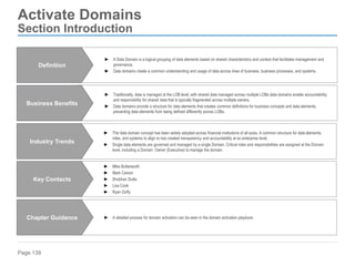Page 139
Activate Domains
Section Introduction
► Traditionally, data is managed at the LOB level, with shared data managed across multiple LOBs data domains enable accountability
and responsibility for shared data that is typically fragmented across multiple owners.
► Data domains provide a structure for data elements that creates common definitions for business concepts and data elements,
preventing data elements from being defined differently across LOBs.
Business Benefits
► A detailed process for domain activation can be seen in the domain activation playbook.
Chapter Guidance
► The data domain concept has been widely adopted across financial institutions of all sizes. A common structure for data elements,
roles, and systems to align to has created transparency and accountability at an enterprise level.
► Single data elements are governed and managed by a single Domain. Critical roles and responsibilities are assigned at the Domain
level, including a Domain Owner (Executive) to manage the domain.
Industry Trends
► Mike Butterworth
► Mark Carson
► Shobhan Dutta
► Lisa Cook
► Ryan Duffy
Key Contacts
► A Data Domain is a logical grouping of data elements based on shared characteristics and context that facilitates management and
governance.
► Data domains create a common understanding and usage of data across lines of business, business processes, and systems.
Definition
 