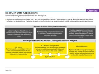 Page 154
Next Gen Data Applications
Artificial Intelligence and Advanced Analytics
► Big Data is the foundation of Next Gen Data and enables Next Gen data applications such as AI, Machine Learning and forms
of Advanced Analytics (e.g. Predictive Analytics) – technologies that were once inaccessible using traditional data architecture
Artificial Intelligence (AI) is defined as the
science of making computers do things that require
intelligence or reasoning when performed by
humans
Machine Learning (component of AI) is the ability
of computers to self-learn using statistical and
optimization techniques
Predictive Analytics is a form of Advanced
Analytics that leverages data mining, statistics,
modeling, and artificial intelligence to analyze
current and/or historical data to predict future
events
Data Sources
Big Data supports new data types that were
once inaccessible, which allows AI and
Advanced Analytics to leverage more sources
of data to drive business value.
Big Data Platform
AI & Machine Learning Platform
Big Data capabilities such as high volume storage and
schema-on-read data access allows AI platforms to
flexibly access massive data sets in real-time.
Advanced Analytics
Big Data allows the storage, processing, and
access to large volumes of unstructured data,
which is required by Predictive Analytics to
analyze data to predict future events.
Overview of AI, Machine Learning and Predictive Analytics
How Big Data Enables AI, Machine Learning and Predictive Analytics
Chandra
 