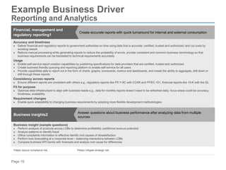 Page 19
Financial, management and
regulatory reporting1
Create accurate reports with quick turnaround for internal and external consumption
Accuracy and timeliness
► Deliver financial and regulatory reports to government authorities on time using data that is accurate, certified, trusted and authorized; and cut costs by
avoiding rework
► Reduce manual processing while generating reports to reduce the probability of errors; provide consistent and common business terminology so that
business requirements can be translated to technical requirements accurately
Usage
► Enable self-service report creation capabilities by publishing specifications for data providers that are certified, trusted and authorized
► Create business friendly querying and reporting platform to enable self-service for all users
► Provide capabilities able to report out in the form of charts, graphs, scorecards, metrics and dashboards, and create the ability to aggregate, drill down or
drill through these reports
Consistency across reports
► Ensure different reports are consistent with others e.g., regulatory reports like FR Y-9C with CCAR and FFIEC 101, financial reports like 10-K with the GL
Fit for purpose
► Optimize data infrastructure to align with business needs e.g., data for monthly reports doesn’t need to be refreshed daily; focus areas could be accuracy,
timeliness, availability
Requirement changes
► Enable quick adaptability to changing business requirements by adopting more flexible development methodologies
Business insights2
Answer questions about business performance after analyzing data from multiple
sources
Business insight (sample questions)
► Perform analysis of products across LOBs to determine profitability (additional revenue potential)
► Analyze patterns to identify fraud
► Utilize complaints information to effective identify root causes of dissatisfaction
► Perform loss forecasting at a corporate level − balancing interactions between LOBs
► Compare business KPI trends with forecasts and analyze root cause for differences
1Helps reduce compliance risk 2Helps mitigate strategic risk
Example Business Driver
Reporting and Analytics
 