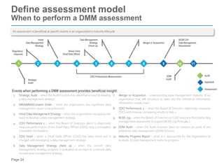 Page 24
Define assessment model
When to perform a DMM assessment
1. Strategic Audit – when the Audit function has identified a need to develop
a data management strategy
2. MRA/MRIA/Consent Order – when the organization has significant data
management issues to be prioritized
3. Initial Data Management Strategy – when the organization recognizes the
need to develop a data management strategy
4. CDO Performance 1 – when the Board of Directors plans to objectively
measure performance of the Chief Data Officer (CDO); step 1 is establish
is establish the baseline
5. CDO hired – when a Chief Data Officer (CDO) has been hired and is
charged with developing a data management strategy
6. Data Management Strategy check up – when the current data
management strategy progress is evaluated as an input to a revised data
revised data management strategy.
7. Merger or Acquisition – understanding data management maturity of an
organization that will introduce its data into the enterprise information
information supply chain
8. CDO Performance 2 – when the Board of Directors objectively measures
CDO performance; comparing results to step 1
9. BCBS 239 – when the Board of Directors or CDO require a third party data
management assessment to support BCBS 239 Principle 1
10. EDM Audit – when the Audit function plans to conduct an audit of the
enterprise data management (EDM) function
11. Maturity Progress Report – when it is appropriate for the organization to
evaluate its data management maturity progress
Events when performing a DMM assessment provides beneficial insight:
Audit
Appraisal
Assessment
3 9
1 2 4 5 6 8 11
Strategic
Audit
CDO Performance Measurement
Initial
Data Management
Strategy
Regulatory
response
BCBS 239
Data Management
Assessment
Data Management
Strategy
Check up
EDM
Audit
Newly hired
Chief Data Officer
10
7
Merger or Acquisition
An assessment is beneficial at specific events in an organization’s maturity lifecycle
 