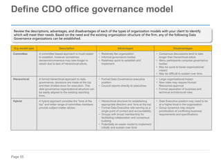 Page 55
Define CDO office governance model
Review the descriptions, advantages, and disadvantages of each of the types of organization models with your client to identify
which will meet their needs. Based on the need and the existing organization structure of the firm, any of the following Data
Governance organizations can be established.
Org model type Description Advantages Disadvantages
Committee A committee based approach is mush easier
to establish, however sometimes
decisions/consensus may take longer to
obtain due to lack of hierarchical edicts.
• Relatively flat organization
• Informal governance bodies
• Relatively quick to establish and
implement
• Consensus discussions tend to take
longer than hierarchical edicts
• Many participants comprise governance
bodies
• May be quick to loose organizational
impact
• May be difficult to sustain over time
Hierarchical A formal hierarchical approach to data
governance, decisions are made at the top
and then trickled down for execution. This
data governance organizational structure can
be easily aligned to the existing reporting
lines.
• Formal Data Governance executive
position
• Council reports directly to executives
• Large organizational impact
• New roles may require Human
Resources approval
• Formal separation of business and
technical architectural roles
Hybrid A hybrid approach provides the “tone at the
top” and wider range of committee members
provide subject matter advise.
• Hierarchical structure for establishing
appropriate direction and ‘tone at the top’
• Formal Data Executive role serving as a
single point of contact and accountability
• Groups with broad membership for
facilitating collaboration and consensus
building
• Potentially an easier model to implement
initially and sustain over time
• Data Executive position may need to be
at a higher level in the organization
• Group dynamics may require
prioritization of conflicting business
requirements and specifications
 