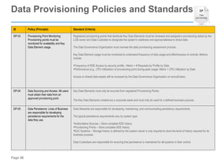 Page 96
ID Policy (Principle) Standard (Criteria)
DP-03 Provisioning Point Monitoring:
Provisioning points must be
monitored for availability and Key
Data Element usage.
Registered provisioning points that distribute Key Data Elements must be reviewed and assigned a provisioning status by the
LOB owner and Data Custodian to designate the system's readiness and appropriateness to share data.
The Data Governance Organization must oversee the data provisioning assessment process.
Key Data Element usage must be monitored to understand frequency of data usage and effectiveness of controls. Metrics
include:
•Frequency of KDE Access by security profile - Metric = # Requests by Profile by Date
•Performance (e.g., CPU Utilization) of provisioning point during peak usage- Metric = CPU Utilization by Date
Access to shared data assets will be reviewed by the Data Governance Organization on annual basis.
DP-04 Data Sourcing and Access: All users
must obtain their data from an
approved provisioning point.
Key Data Elements must only be sourced from registered Provisioning Points.
The Key Data Elements created are a corporate asset and must only be used for a defined business purpose.
DP-05 Data Persistence: Lines of Business
are responsible for developing
persistence requirements for the
data they use.
Data Stewards are responsible for developing, maintaining, and communicating persistency requirements.
The typical persistence requirements vary by system type:
•Authoritative Sources – Store complete KDE history
•Provisioning Points – Store complete KDE history
•EUC Systems – Storage history is defined by the system owner is only required to store the level of history required for its
business purpose.
Data Custodians are responsible for ensuring that persistence is maintained for all systems in their control.
Data Provisioning Policies and Standards
 