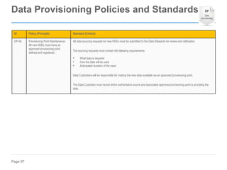 Page 97
ID Policy (Principle) Standard (Criteria)
DP-06 Provisioning Point Maintenance:
All new KDEs must have an
approved provisioning point
defined and registered.
All data sourcing requests for new KDEs must be submitted to the Data Stewards for review and ratification.
The sourcing requests must contain the following requirements:
• What data is required
• How the data will be used
• Anticipated duration of the need
Data Custodians will be responsible for making the new data available via an approved provisioning point.
The Data Custodian must record which authoritative source and associated approved provisioning point is providing the
data.
Data Provisioning Policies and Standards
 