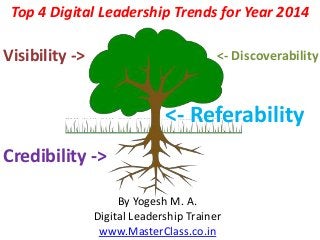 Top 4 Digital Leadership Trends for Year 2014

Visibility ->

<- Discoverability

<- Referability
Credibility ->
By Yogesh M. A.
Digital Leadership Trainer
www.MasterClass.co.in

 