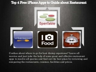 Top 4 Free iPhone Apps to Guide about Restaurant
Confuse about where to go for best dining experience? Leave all
worries and just take the help of some great and effective restaurant
apps to resolve all queries and find out the best place by reviewing and
comparing the restaurants, cuisines, facilities and prices.
 