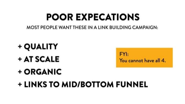 Poor Expectations
- Most people want these in a link building campaign:
- Quality
- At scale
- Organic
- Links to Mid/Bottom funnel Pages
YOU CANNOT HAVE ALL 4.
 
