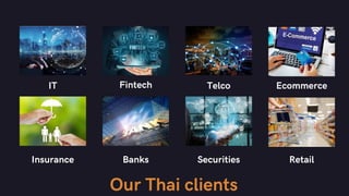 Our Thai clients
IT Fintech
Banks
Insurance Retail
Ecommerce
Telco
Securities
 
