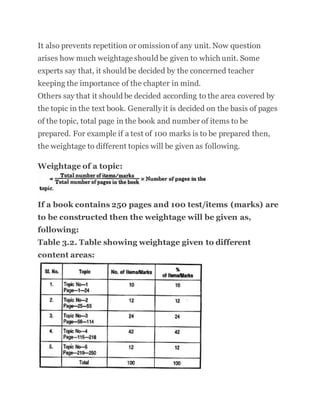 It also prevents repetition or omission of any unit. Now question
arises how much weightage should be given to which unit. Some
experts say that, it should be decided by the concerned teacher
keeping the importance of the chapter in mind.
Others say that it should be decided according to the area covered by
the topic in the text book. Generally it is decided on the basis of pages
of the topic, total page in the book and number of items to be
prepared. For example if a test of 100 marks is to be prepared then,
the weightage to different topics will be given as following.
Weightage of a topic:
If a book contains 250 pages and 100 test/items (marks) are
to be constructed then the weightage will be given as,
following:
Table 3.2. Table showing weightage given to different
content areas:
 