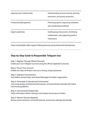 Cybersecurity Fundamentals Understanding account security, phishing
prevention, and privacy protection
Productivity Management Planning projects, organizing schedules,
and coordinating workflows
Digital Leadership Guiding group discussions, facilitating
collaboration, and supporting positive
interactions
These transferable skills support lifelong learning and professional development.
Step-by-Step Guide to Responsible Telegram Use
Step 1: Register Through Official Channels​
Create your own Telegram account using the official registration process.
Step 2: Secure Your Account​
Enable two-step verification and use a strong, unique password.
Step 3: Organize Conversations​
Use folders, pinned chats, and Saved Messages for better organization.
Step 4: Participate in Educational Communities​
Join study groups, professional discussions, and educational channels that follow
community guidelines.
Step 5: Communicate Responsibly​
Verify information before sharing it and respect the privacy of others.
Step 6: Monitor Security Regularly​
Review active sessions, connected devices, and privacy settings periodically.
 