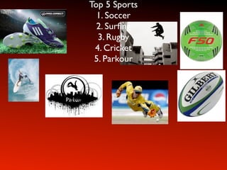 Top 5 Sports
  1. Soccer
  2. Surﬁng
  3. Rugby
 4. Cricket
 5. Parkour
 