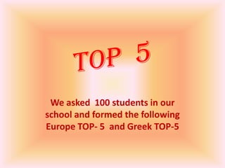 We asked 100 students in our
school and formed the following
Europe TOP- 5 and Greek TOP-5
 