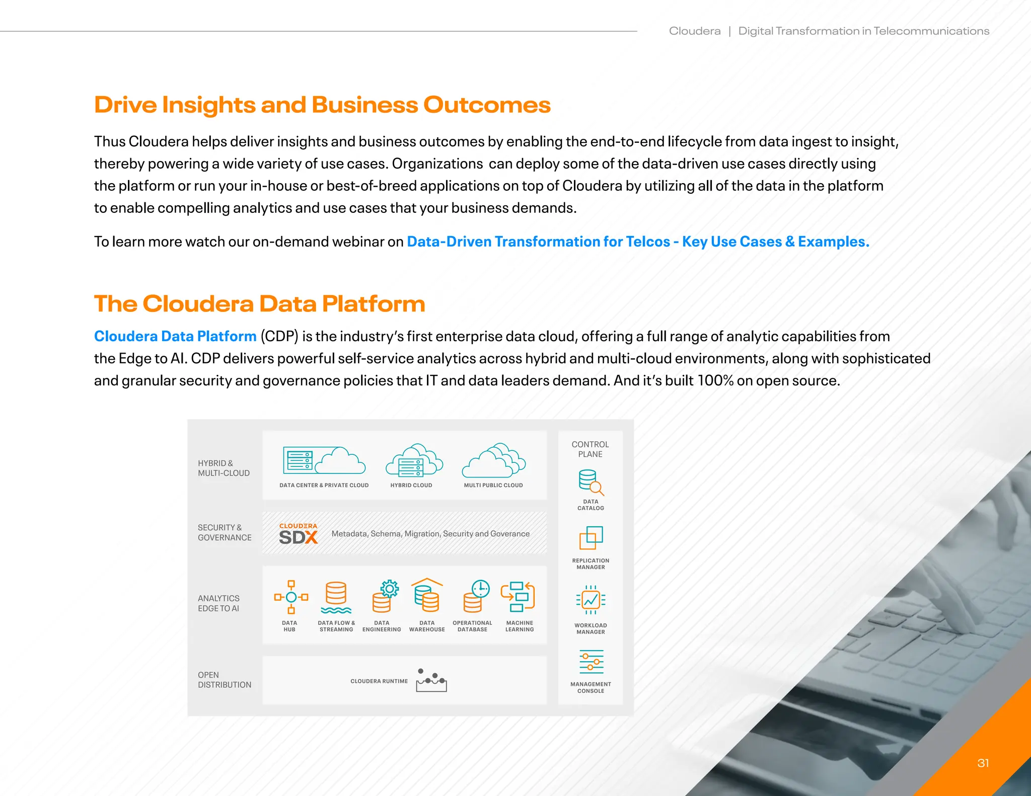 31
Cloudera | Digital Transformation in Telecommunications
The Cloudera Data Platform
Cloudera Data Platform (CDP) is the industry’s first enterprise data cloud, offering a full range of analytic capabilities from
the Edge to AI. CDP delivers powerful self-service analytics across hybrid and multi-cloud environments, along with sophisticated
and granular security and governance policies that IT and data leaders demand. And it’s built 100% on open source.
Drive Insights and Business Outcomes
Thus Cloudera helps deliver insights and business outcomes by enabling the end-to-end lifecycle from data ingest to insight,
thereby powering a wide variety of use cases. Organizations can deploy some of the data-driven use cases directly using
the platform or run your in-house or best-of-breed applications on top of Cloudera by utilizing all of the data in the platform
to enable compelling analytics and use cases that your business demands.
To learn more watch our on-demand webinar on Data-Driven Transformation for Telcos - Key Use Cases  Examples.
Metadata, Schema, Migration, Security and Goverance
HYBRID 
MULTI-CLOUD
SECURITY 
GOVERNANCE
HYBRID CLOUD
DATA CENTER  PRIVATE CLOUD MULTI PUBLIC CLOUD
ANALYTICS
EDGE TO AI
OPEN
DISTRIBUTION
CONTROL
PLANE
REPLICATION
MANAGER
DATA
CATALOG
MANAGEMENT
CONSOLE
MACHINE
LEARNING
DATA
HUB
DATA
WAREHOUSE
DATA FLOW 
STREAMING
DATA
ENGINEERING
OPERATIONAL
DATABASE
CLOUDERA RUNTIME
WORKLOAD
MANAGER
 