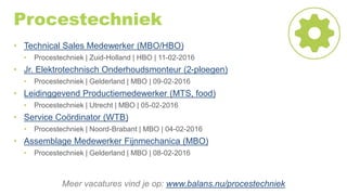 Procestechniek
• Technical Sales Medewerker (MBO/HBO)
• Procestechniek | Zuid-Holland | HBO | 11-02-2016
• Jr. Elektrotechnisch Onderhoudsmonteur (2-ploegen)
• Procestechniek | Gelderland | MBO | 09-02-2016
• Leidinggevend Productiemedewerker (MTS, food)
• Procestechniek | Utrecht | MBO | 05-02-2016
• Service Coördinator (WTB)
• Procestechniek | Noord-Brabant | MBO | 04-02-2016
• Assemblage Medewerker Fijnmechanica (MBO)
• Procestechniek | Gelderland | MBO | 08-02-2016
Meer vacatures vind je op: www.balans.nu/procestechniek
 