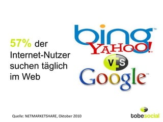 57% der
Internet-Nutzer
suchen täglich
im Web



Quelle: NETMARKETSHARE, Oktober 2010
 