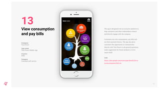 The app is designed to be an exclusive platform to
help customers and other stakeholders connect
and directly engage with the company.
Customers can view consumption, pay bills and
see their payment history. The app also gives
customers the opportunity to communicate
directly with Tata Power to ask general questions,
make suggestions for future products or even
report theft.
Link
https://play.google.com/store/apps/details?id=co
m.tata.tatapower&hl=en
18
View consumption
and pay bills
Company
Tata Power
App name
Tata Power Mobile App
Country
India
Category
Customer self-service
13
 