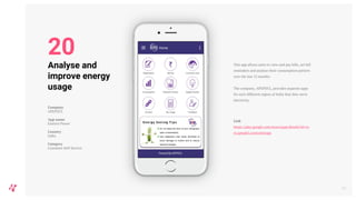 This app allows users to view and pay bills, set bill
reminders and analyse their consumption pattern
over the last 12 months.
The company, APEPDCL, provides separate apps
for each different region of India that they serve
electricity.
Link
https://play.google.com/store/apps/details?id=co
m.apepdcl.consumerapp
24
Analyse and
improve energy
usage
Company
APEPDCL
App name
Eastern Power
Country
India
Category
Customer Self-Service
20
 