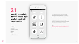This app helps customers check and manage
energy flows in their home as well as turning a
targeted device on or off.
The app also identifies devices with a high
electricity consumption, providing an overview of
the total power consumption at any time.
Link
https://play.google.com/store/apps/details?id=co
m.verbund.ecohome
25
Identify household
devices with a high
level of electricity
consumption
Company
VERBUND
App name
VERBUND-Eco-Home
Country
Austria
Category
Customer Self-Service
21
 