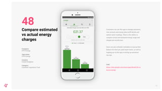 Customers can use this app to manage payments,
view account and energy plan/tariff details and
submit meter readings. There is the ability to
compare actual and estimated energy usage and
charges per month/year.
Users can also schedule reminders to top up their
balance for their pre-paid smart meter, as well as
topping up via the app or setting up automatic
top-ups.
Link
https://play.google.com/store/apps/details?id=co
m.ovo.energy
56
Compare estimated
vs actual energy
charges
Company
OVO Energy
App name
OVO Energy
Country
United Kingdom
Category
Customer Aquisition Tool
48
 