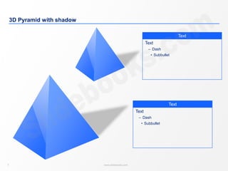 7 www.slidebooks.com7
3D Pyramid with shadow
Text
Text
‒ Dash
• Subbullet
Text
Text
‒ Dash
• Subbullet
 
