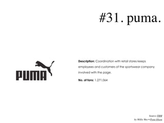 #31. puma.

Description: Coordination with retail stores keeps
employees and customers of the sportswear company
involved ...