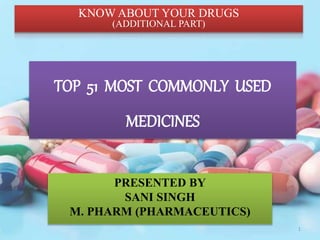 TOP 51 MOST COMMONLY USED
MEDICINES
1
KNOW ABOUT YOUR DRUGS
(ADDITIONAL PART)
PRESENTED BY
SANI SINGH
M. PHARM (PHARMACEUTICS)
 